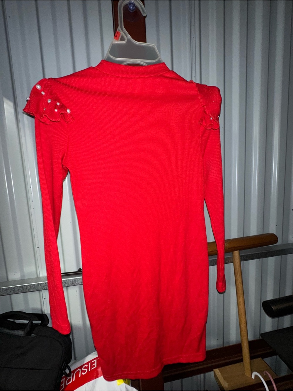 Red Long Sleeve Knit Dress with Pearl Shoulder Detail